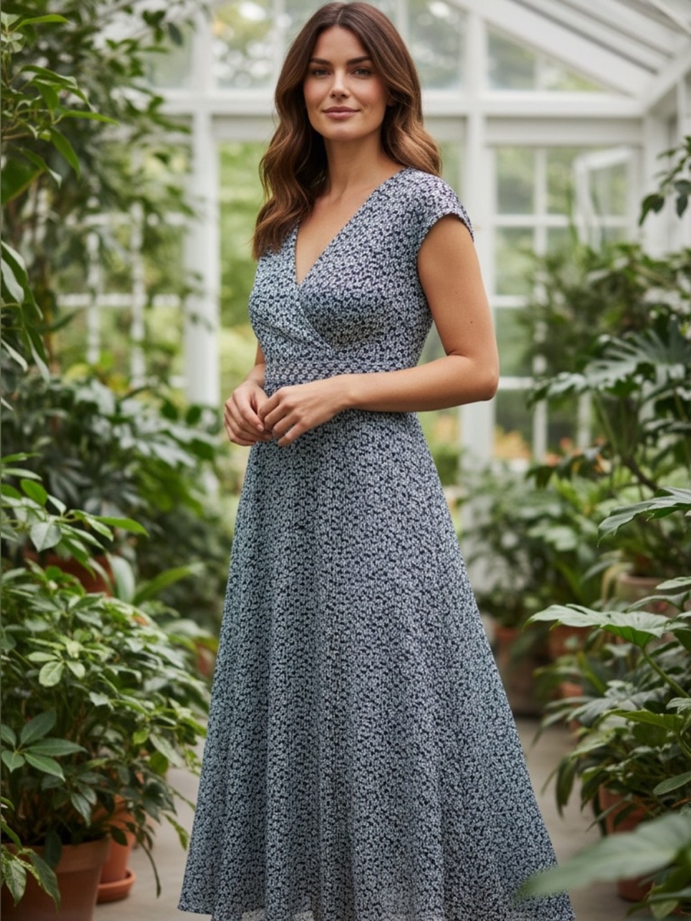 NWT DKNY Wrap Midi Dress Women 8 Blue White Flutter Sleeve V-Neck graduation